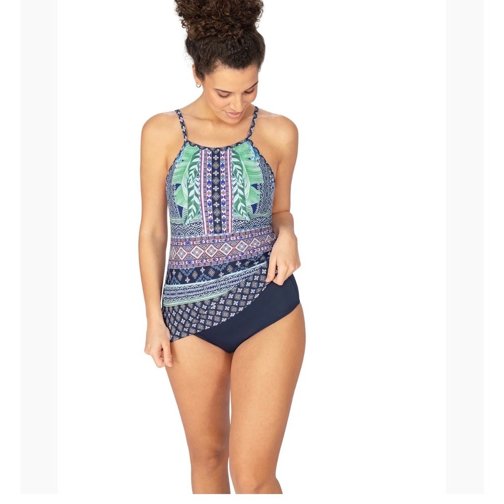 Amoena Mastectomy V TA Tankini Top Blue Green Geometric Floral 6A 32A NWT